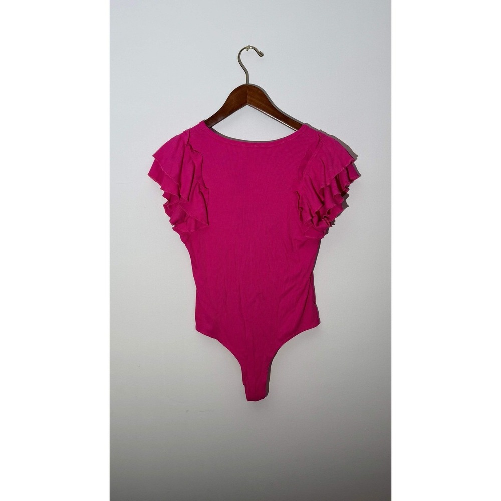 Ruffle Sleeve Bodysuit Women Large Hot‎ Pink Ribbed V-Neck Cap Sleeve - Picture 5 of 7